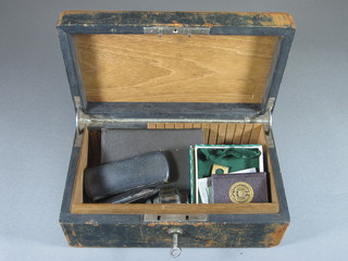 A collection of curios, dip pen, etc in a Victorian leather jewellery box