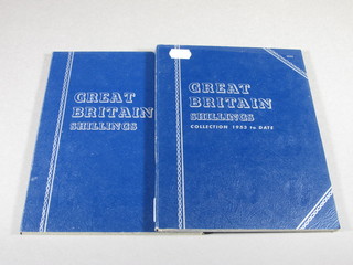 28 silver shillings together with 17 post 1953 shillings, in cardboard folders