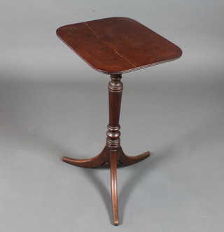 A George IV mahogany occasional table with hinged adjustable  top, raised on a turned column support and tripod base 29"h x  17"w x 14.5"d, af,