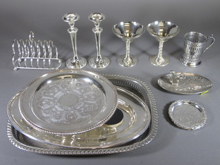 A circular engraved silver plated comport 10", a rectangular platter, tray and a small collection of plated items