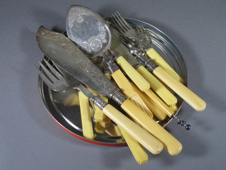 A pair of silver plated fish servers, set of 4 silver plated fish knives and forks, bread fork and slice