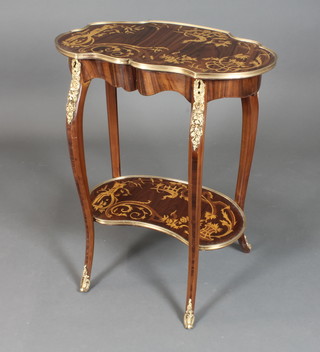 A Louis XV style walnut table de the, ormolu mounted, the top  with foliate marquetry decoration, raised on cabriole legs with  scroll feet 28"h x 23"w