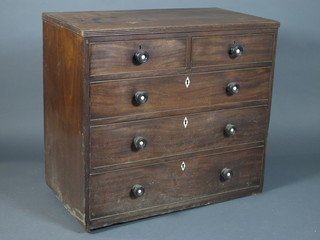 A late George III mahogany chest of 2 short and 3 long graduated  drawers, lacking feet, 33"h x 36"w x 20.5"d