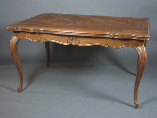 An 18th Century style French oak drawleaf extending dining  table, the top decorated with perspective cube parquetry, raised  on cabriole leg scroll feet 31"h x 97"l x 40"d