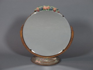 A Barbola dressing table mirror decorated roses on a circular  plinth base 18"h x 17"w