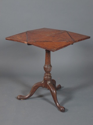 An 18th Century oak and burr walnut envelope tea table  with split-hinged top, raised on tapered column support, tripod base with slipper feet 27"h x 17"w x 16.5"d, altered,