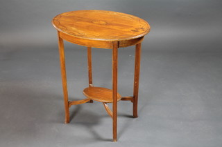 A Sheraton revival satinwood oval 2 tier occasional table 27"h x 23"w x 17"d