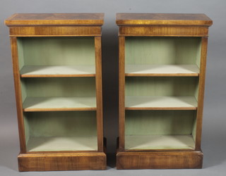 A pair of mid Victorian style walnut open dwarf bookcases,  crossbanded and boxwood line inlaid, fitted 2 adjustable shelves  on plinth base 42"h x 24"w x 11"d