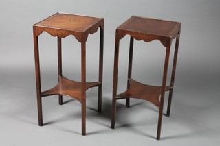 A pair of late George III style mahogany 2 tier jardiniere stands, crossbanded and ebony line inlaid with shaped friezes, raised on  square legs 27.5"h x 13" 27.5"h x 13"w x 13"d