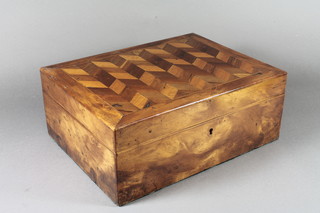 A 19th Century rosewood work box with chevron parquetry top,  the hinged top enclosing a fitted interior 5"h x 12.5"w x 9.5"d