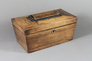 A Regency rosewood sarcophagus tea caddy, parcel ebonised, the hinged top enclosing 2 division 5.5"h x 10"w x 5"d, together  with a Victorian walnut and parquetry box 6"h x 12"w x 8.5"d