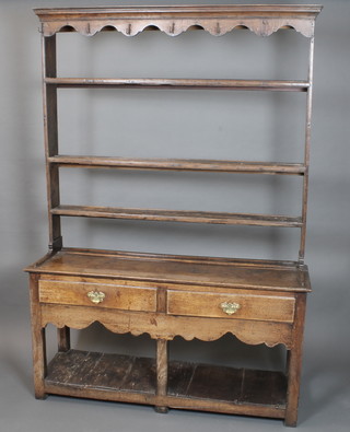 A mid 18th Century oak high back dresser with moulded cornice  above a shaped apron and 3 shelves, the lower section fitted 2  short drawers above a shaped apron with potboard below, raised  on end stiles, 78"h x 55"w x 16"d  ILLUSTRATED