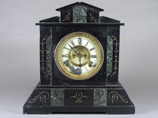 A Victorian black painted slate and vert marble mantel clock of architectural form having Roman porcelain chapter ring with  brocot escapement, set later 8 day movement, chiming gong,  13.5"h x 13.5"w x 5.5"d