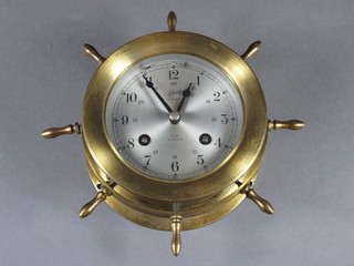 Schatz & Sons, Germany, a lacquered brass binnacle timepiece  with silvered Arabic dial set 8 day 7 jewelled movement 6.5"w x  6.5"h