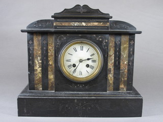 A Victorian slate and marble mantel clock of architectural form having Roman enamelled dial, set 8 day movement striking bell,  signed Japy Freres 12.25"h x 14"w x 5.5"