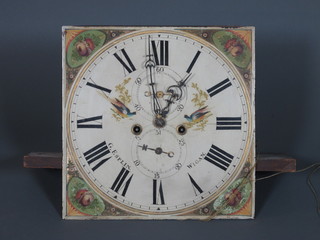 G Esplin of Wigan, an early 19th Century longcase clock movement, having a 14" square Roman and Arabic painted dial,  set subsidiary and date dials within foliate painted spandrels, set a  4 pillar 8 day movement with anchor escapement, striking bell,