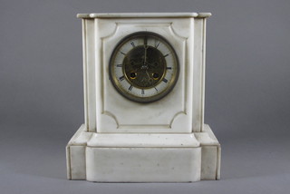 A French 19th Century white marble mantel clock of  architectural form, having Roman enamelled dial and brocot  escapement, set 8 day movement with count wheel strike on bell,  signed Marti marble case