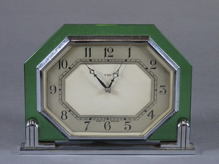 An Art Deco green glass and chrome desk timepiece with Arabic silvered dial, set 8 day movement 5.5"h x 7.25"w