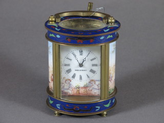 An early 20th Century French gilt brass and cloisonne drum  cased miniature carriage timepiece, the case with stylised foliate  enamelled decoration and set panels depicting Amorini flanking a  Roman enamelled dial, set lever escapement 4.25"h x 2.75"w