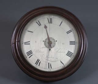 William Audouin, London. A mid 19th Century mahogany cased  dial clock having Roman and Arabic silvered dial with outer  minute track, signed and centred with alarm subsidiary dial, set  single fusee movement with verge and folio escapement and  count wheel strike on bell 22"diam.  ILLUSTRATED