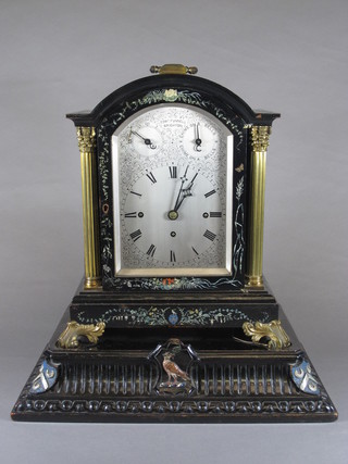 Edward Funnell, Brighton. A Victorian ebonised bracket clock in the 17th Century style, ormolu mounted, having an arched  topped silvered Roman dial set chime and rise and fall dials, set  quarter repeating triple fusee movement, striking 8 bells and  chiming gong, the case of architectural form, painted with  flowers and insects, mounted Corinthian columns on scroll feet  and plinth bracket base 16"h x 15.5"w x 9.5"   ILLUSTRATED