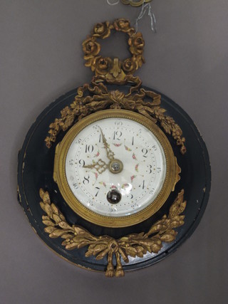 A mid 19th Century French Sedan clock, ormolu mounted,  having floral painted enamelled Arabic dial, set 8 day movement  4.5"diam. x 6.5"h