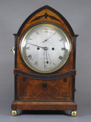 Barwise, London. A late George III mahogany and amboyna  lancet cased bracket clock, parcel ebonised, having Roman silvered dial with second subsidiary dial, set 8 day repeating twin  fusee movement with dead beat escapement striking bell, signed  to back plate 17.5"h x 11"w x 7"d