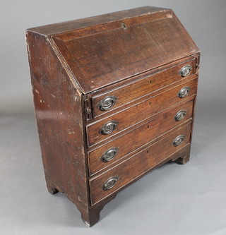 An early George III oak bureau, the fall front enclosing a fitted interior above 4 long drawers, 40"h 36"w x 17"d