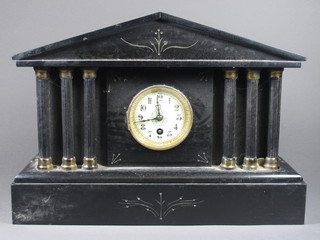 A late Victorian slate mantel timepiece of architectural form, having an Arabic enamelled dial, set 8 day movement, 12"h x  17"w x 6"d