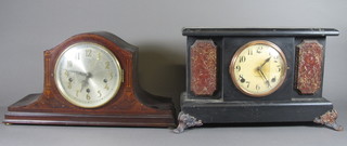 A Sheraton style mahogany mantel clock having silvered Arabic dial with breguet numerals, set 8 day movement striking bell, af,  the case inlaid with walnut and boxwood 10.5"h x 19"w x 6"d  together with a Gilbert simulated slate mantel clock