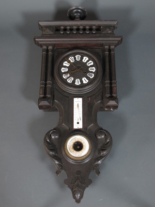 A Dutch wall clock, fitted a thermometer and barometer, case  wormed