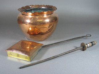 A copper square chestnut roaster with iron handle, a poker and a copper jardiniere