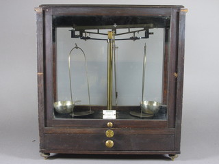 W A Webb Ltd, London, a pair of early 20th Century lacquered  brass laboratory scales 16"h x 16"w x 9"d