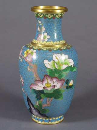 A turquoise ground and floral patterned club shaped cloisonne enamelled vase 8.5"