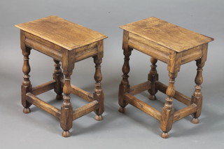 A pair of 17th Century style oak joint stools with rectangular moulded tops, plain friezes on turned under frames united by  stretchers 20.5"h x 18"w x 11"d