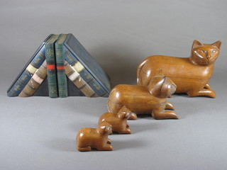 A pair of wooden bookends/trinket boxes 6", 3 Eastern style hardwood opium boxes in the form of cats 9", 6" and 3"