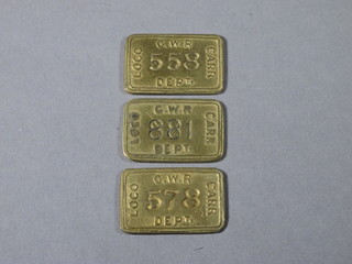 3 reproduction brass GWR railway tokens marked Loco Depot  558, 578 and 881