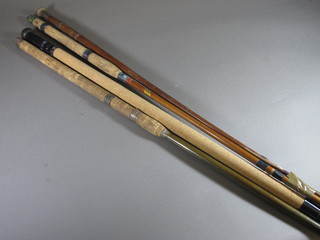 A mahogany 3 section fishing rod and 1 other by John Bromley