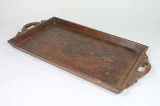 An Indian inlaid hardwood twin handled tea tray 21"