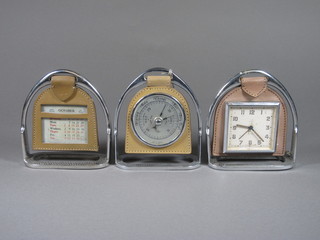 3 unusual desk ornaments including timepiece, barometer and  calendar fashioned in saddlery leather and stirrups