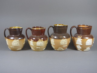 A Royal Doulton brown salt glazed hunting jug 7" and 3 others  6" and 5.5"