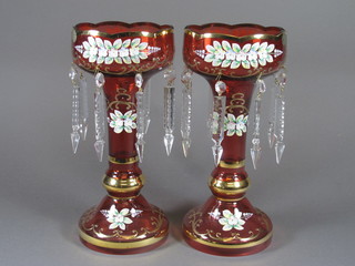 A pair of pink Bohemian overlay glass lustres 12"