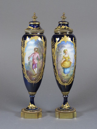 A pair of Sevres style club shaped vases with panelled decoration depicting figures 11"