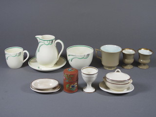 2 early pottery companular shaped egg cups, unglazed with gilt mounts 2", a Wedgwood pottery travelling salesman's sample  meat plate 4", a small oval dish and a do. tureen 3", together  with a Wedgwood pottery cup