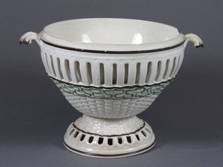 An 18th Century English cream ribbonware pedestal twin handled bowl 6"