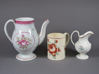 An 18th Century English pottery cream ware coffee pot - chip to spout, cracked and lid missing, 6.5", a Pearlware floral patterned  mug 4" and a do. jug - restored 5"