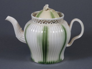 An 18th Century Leeds green and white striped teapot 5" - chip  to spout