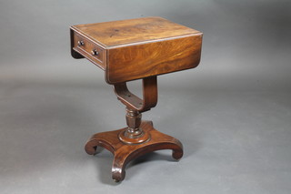 A William IV mahogany drop leaf sewing table, raised on a U  shaped bracket with quadripartite base 21"w x 16"d x 30"h