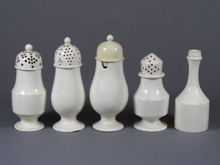 3 18th Century baluster shaped Creamware sugar casters - 2  with chips to base, do. mustard pot and a club shaped bottle THIS IS BEING SOLD AS PART OF LOT 594, THE CRUET STAND 