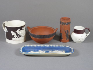 A 18th Century Jasperware style mug decorated a bacchanalian scene, cracked and chip to base, a Wedgwood twin handled  terracotta bowl 11" - chip to base, do. vase - f and r 4",  Wedgwood blue Jasperware pin tray 8.5" and a Jasperware style  jug 3"